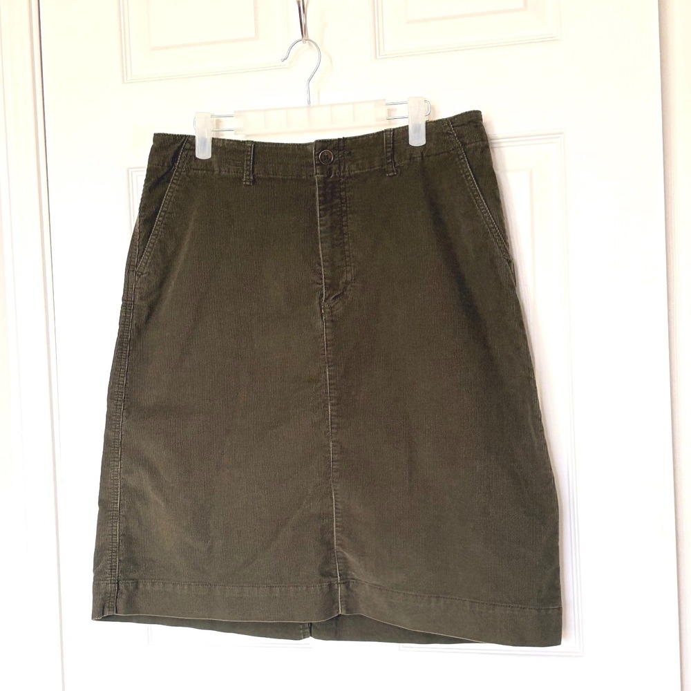Eddie‎ Bauer Womens Olive Green Corduroy A-Line Skirt Back Vent Size 12